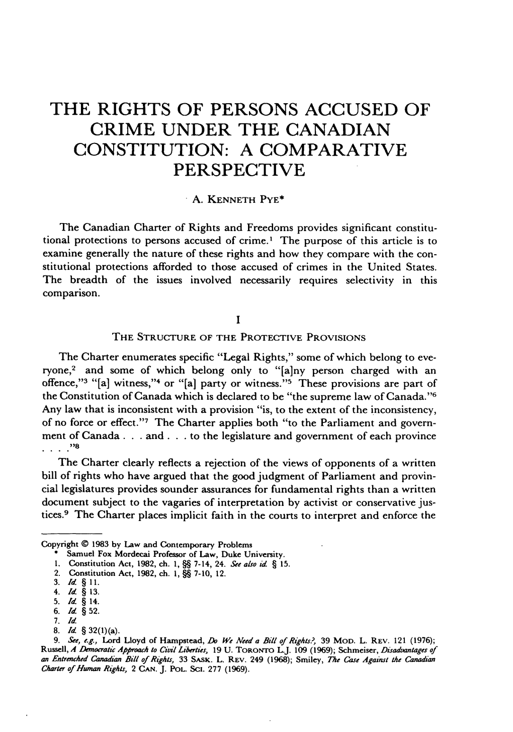 The Rights of Persons Accused of Crime Under the Canadian Constitution: a Comparative Perspective