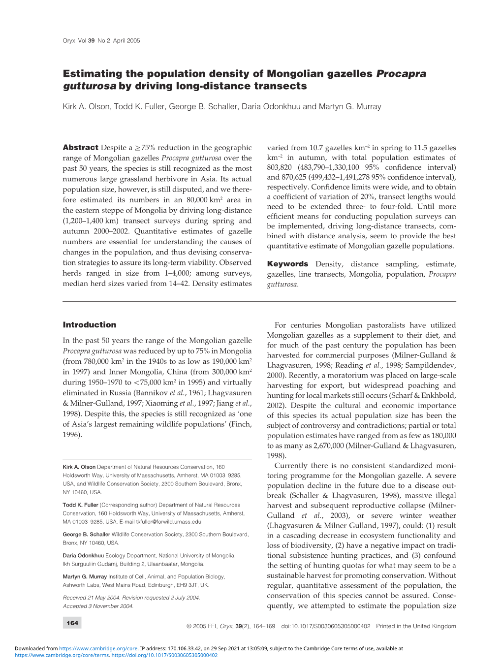 Estimating the Population Density of Mongolian Gazelles Procapra Gutturosa by Driving Long-Distance Transects