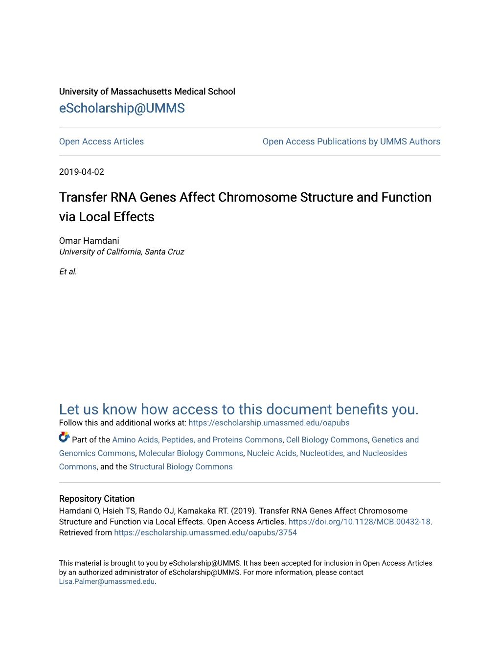 Transfer RNA Genes Affect Chromosome Structure and Function Via Local Effects