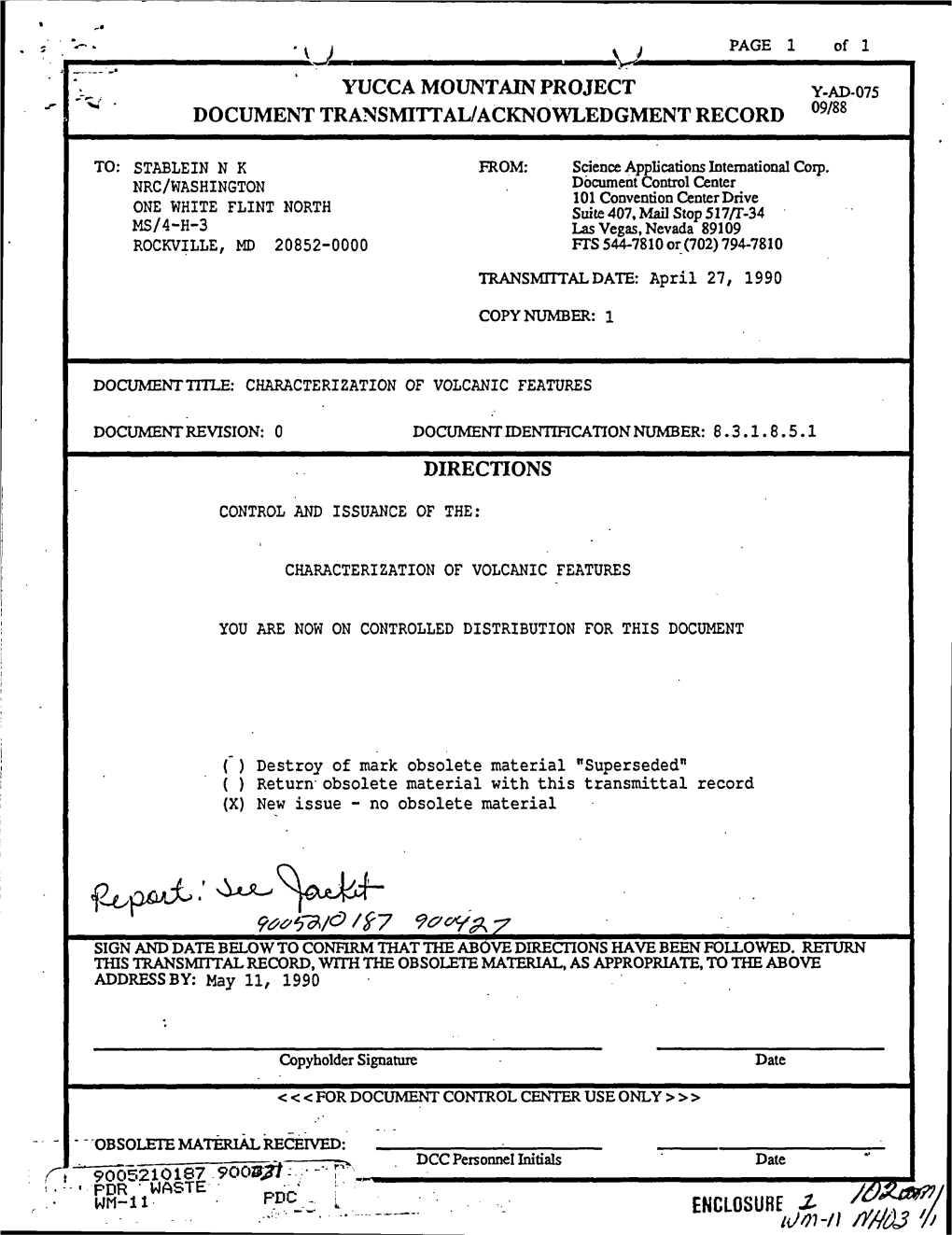 Yucca Mountain Project Document Transmittal/Acknowledgement Record