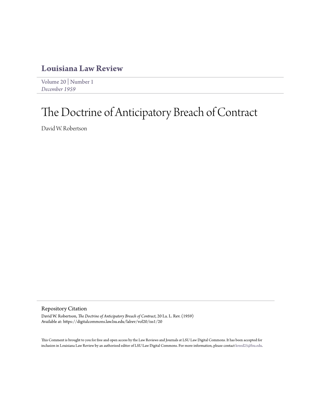 The Doctrine of Anticipatory Breach of Contract, 20 La