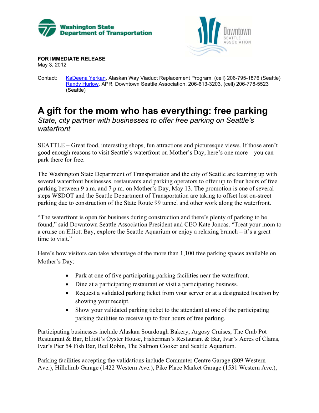 A Gift for the Mom Who Has Everything: Free Parking State, City Partner with Businesses to Offer Free Parking on Seattle’S Waterfront