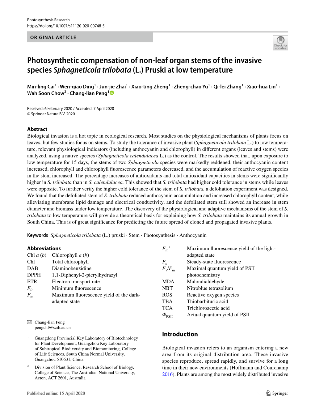 Photosynthetic Compensation of Non-Leaf Organ Stems of The