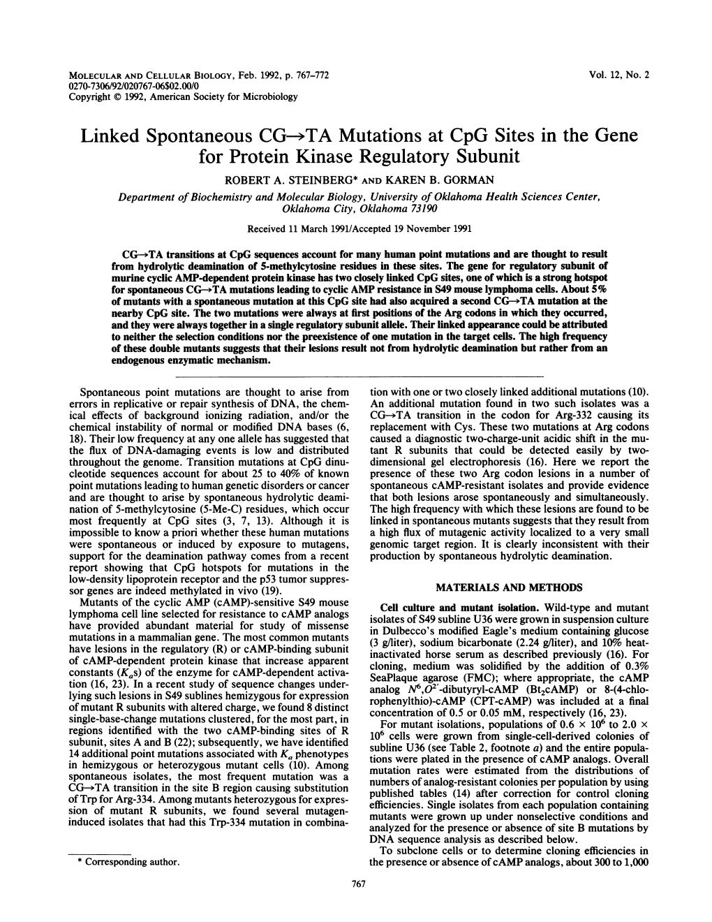 Linked Spontaneous CG-&gt;TA Mutations at Cpg Sites in the Gene