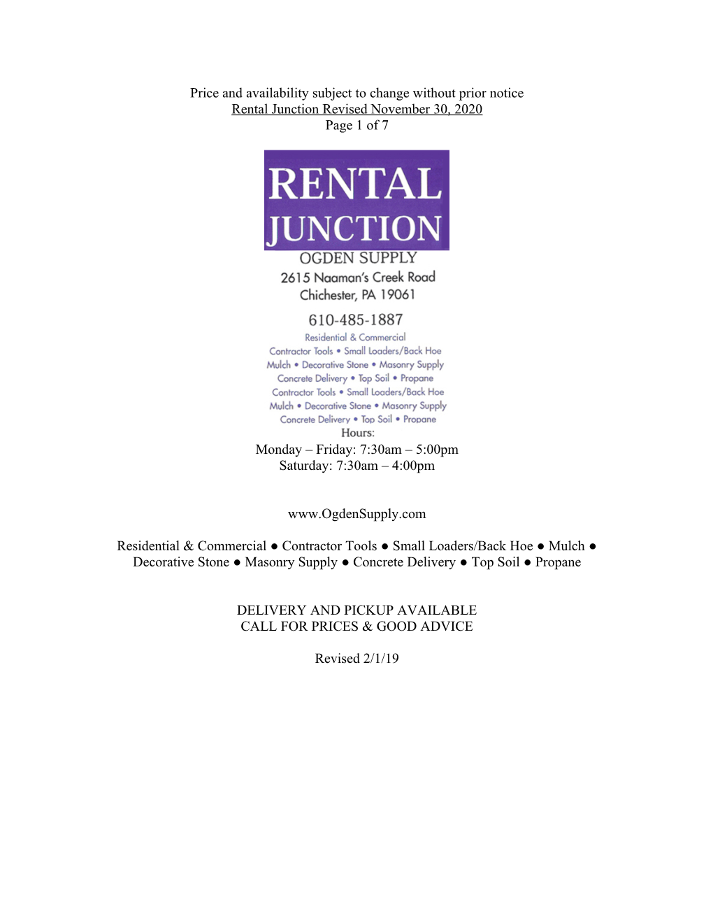 Price and Availability Subject to Change Without Prior Notice Rental Junction Revised November 30, 2020 Page 1 of 7
