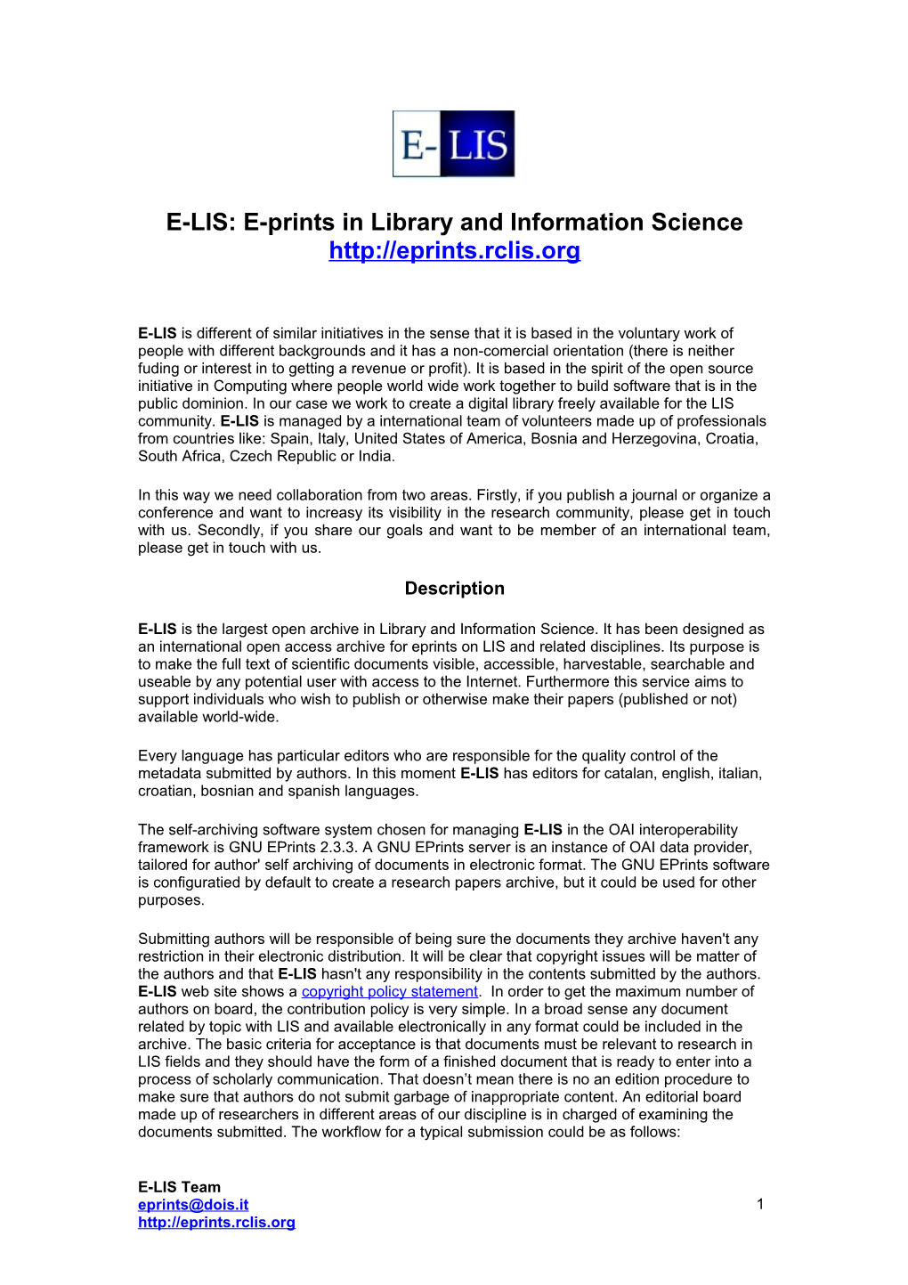 E-LIS: E-Prints in Library and Information Science