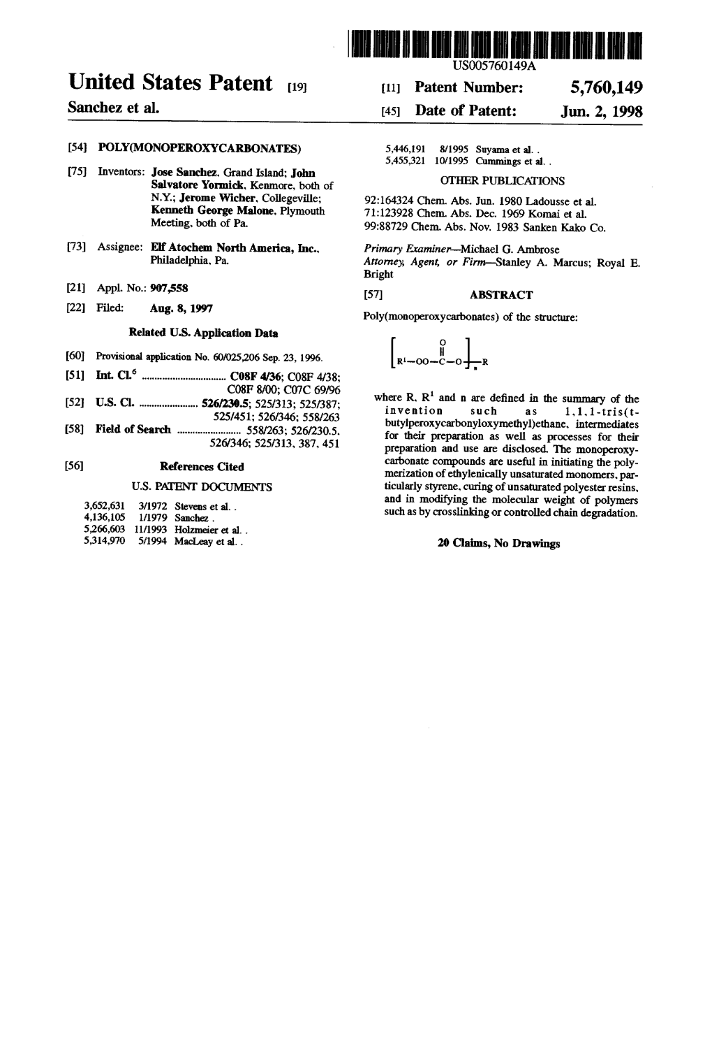 United States Patent (19) 11 Patent Number: 5,760,149 Sanchez Et Al