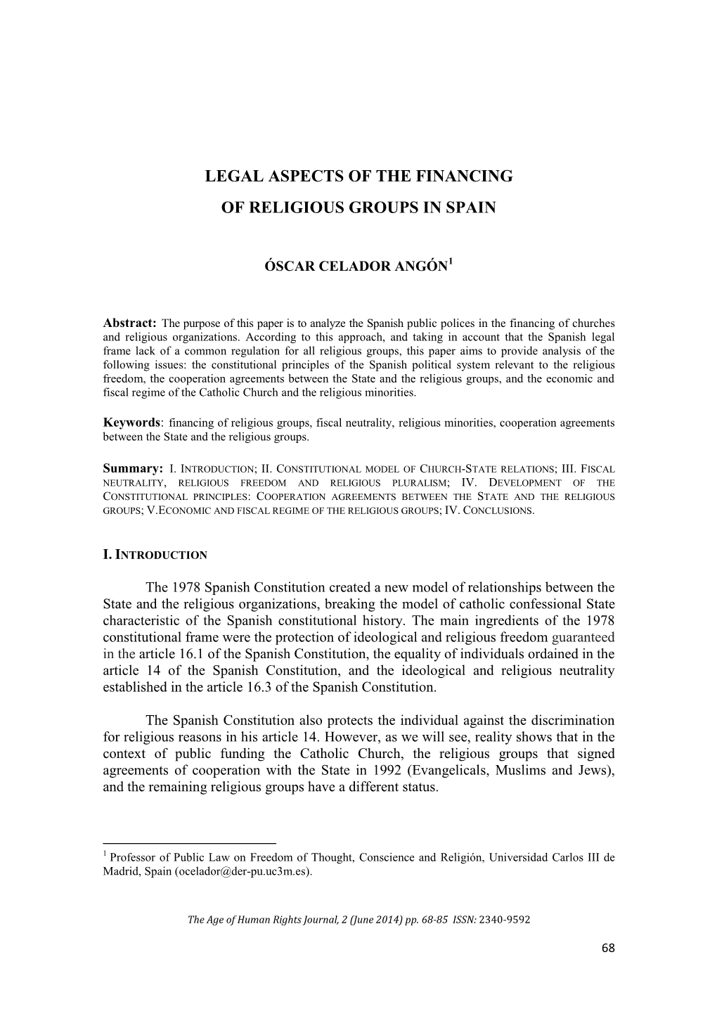 Legal Aspects of the Financing of Religious Groups in Spain