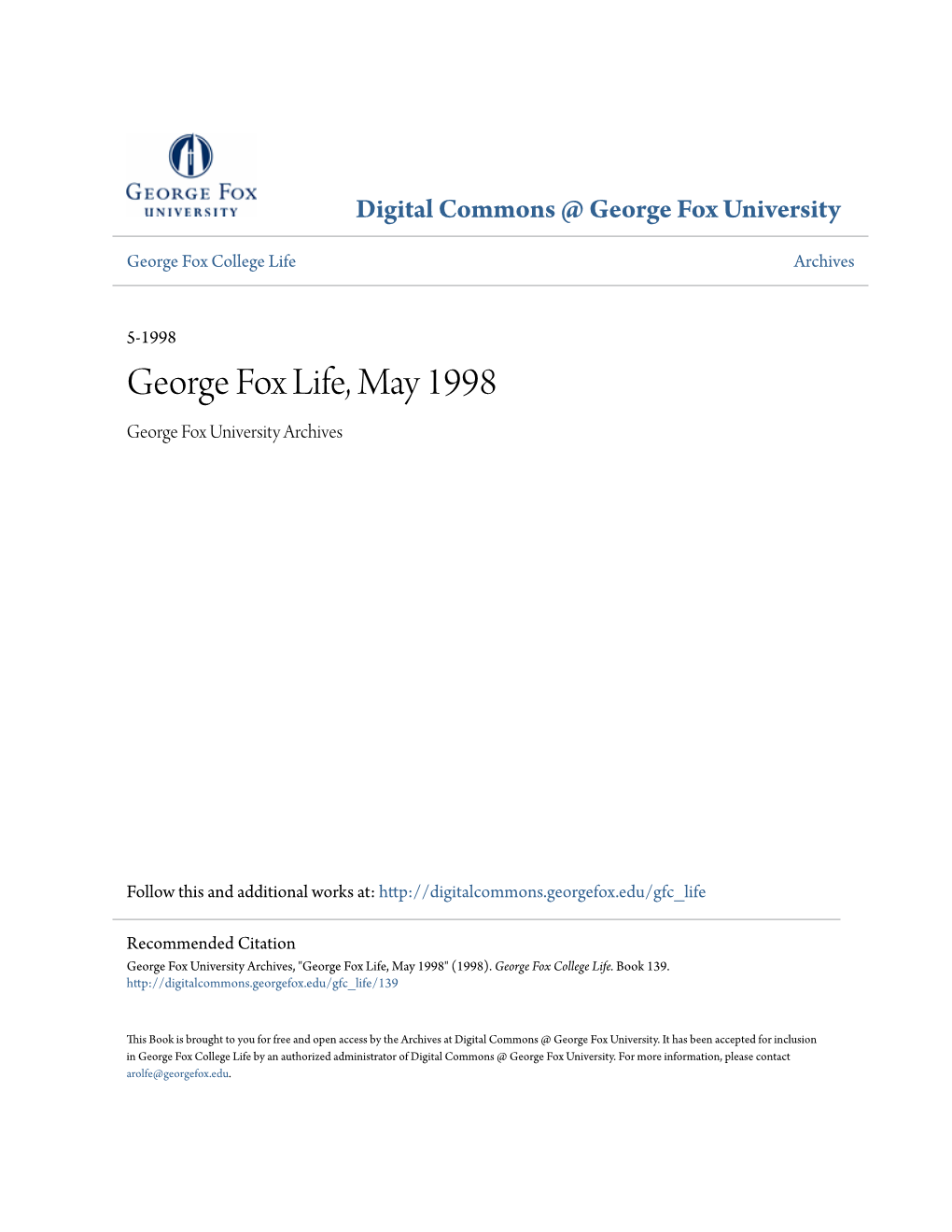 George Fox Life, May 1998 George Fox University Archives