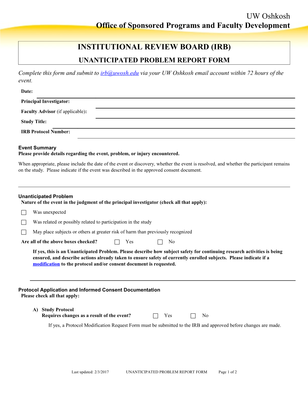 Unanticipated Problem Report Form