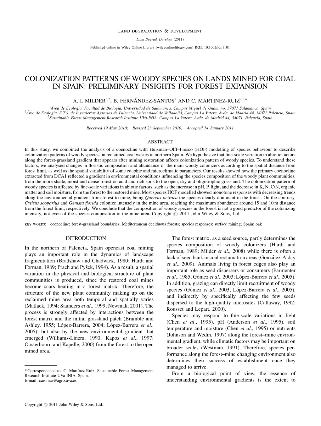 Colonization Patterns of Woody Species on Lands Mined for Coal in Spain: Preliminary Insights for Forest Expansion