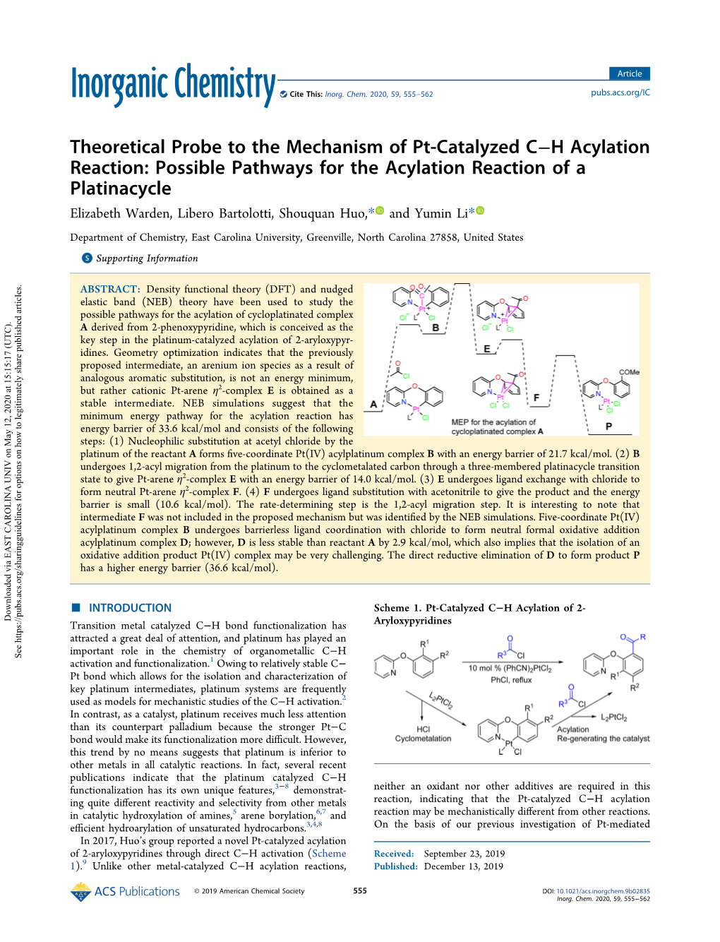 Possible Pathways for the Acylation Reaction of a Platinacycle Elizabeth Warden, Libero Bartolotti, Shouquan Huo,* and Yumin Li*