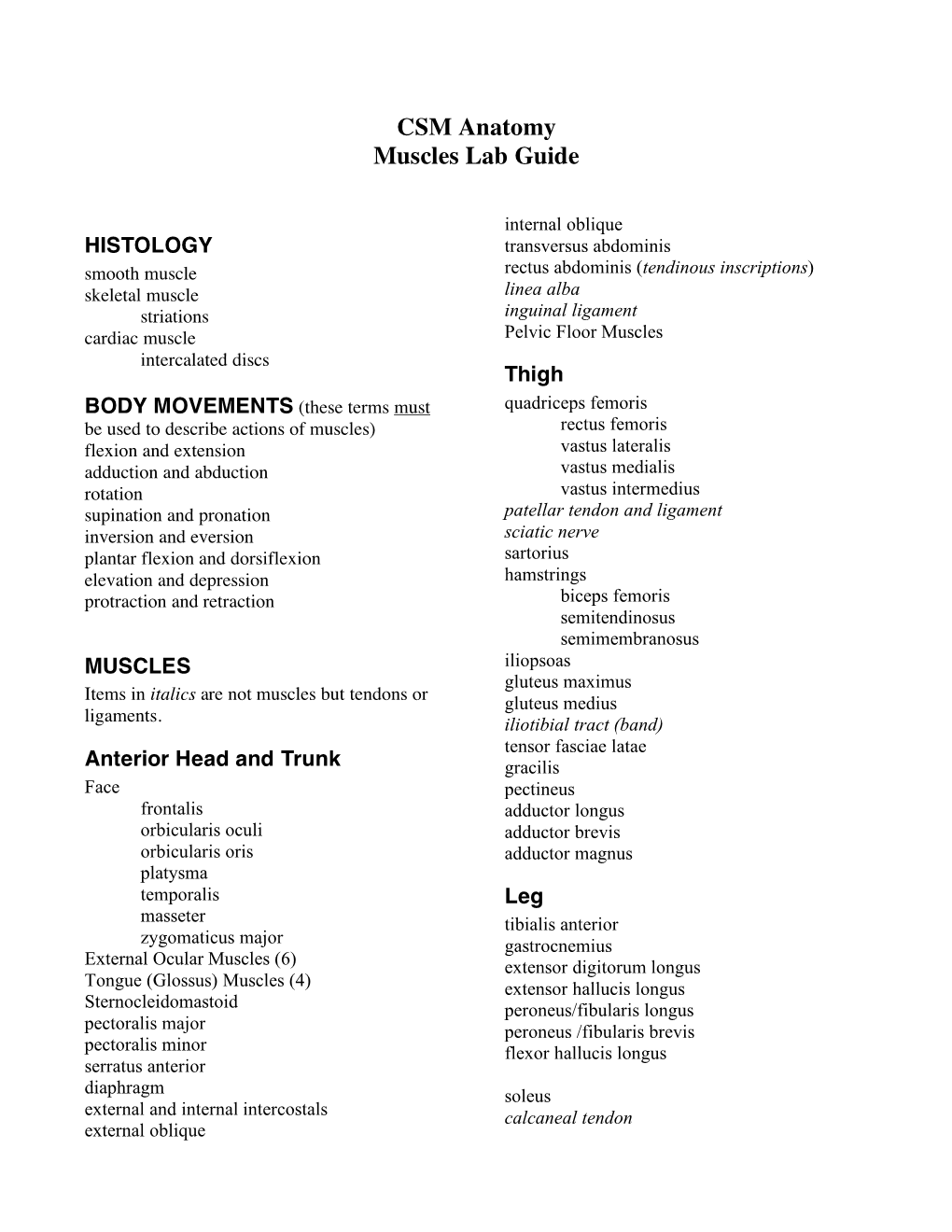 CSM Anatomy Muscles Lab Guide