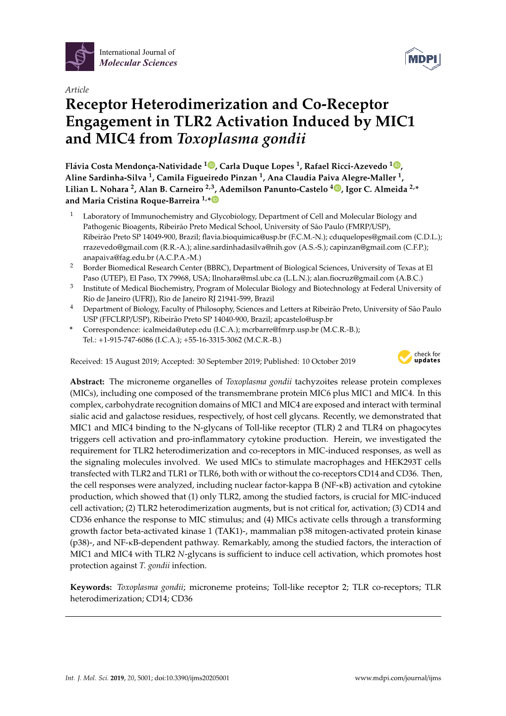Receptor Heterodimerization and Co-Receptor Engagement in TLR2 Activation Induced by MIC1 and MIC4 from Toxoplasma Gondii