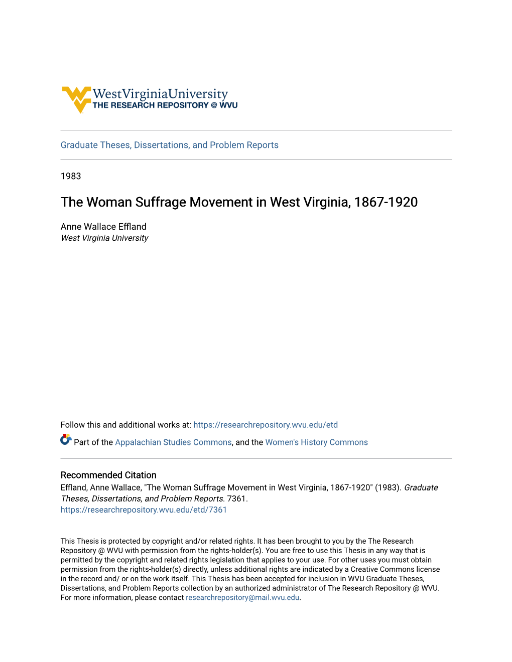 The Woman Suffrage Movement in West Virginia, 1867-1920