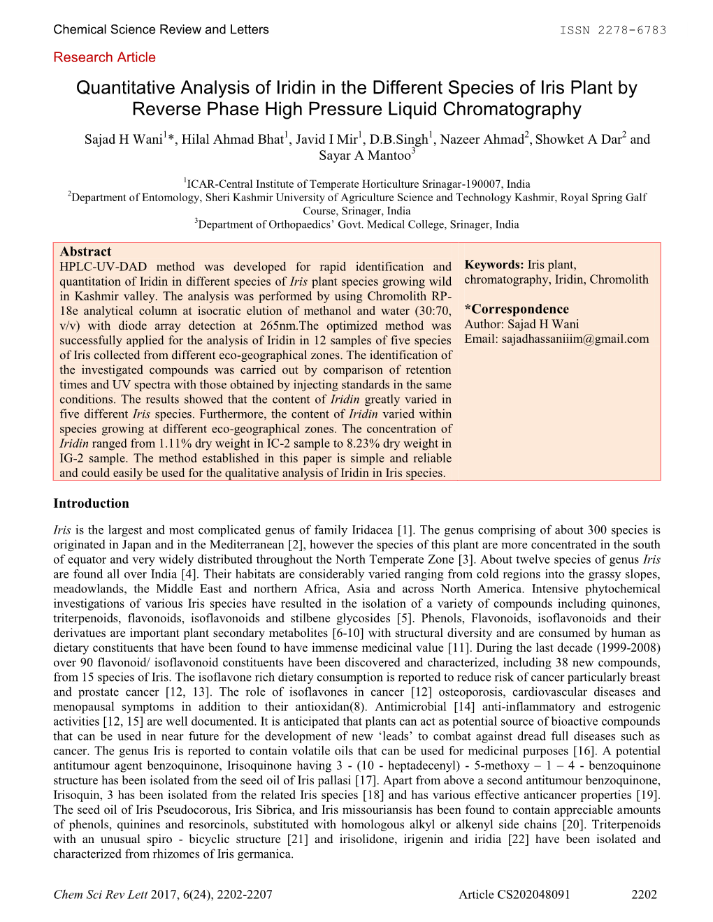 Quantitative Analysis of Iridin in the Different Species of Iris Plant By