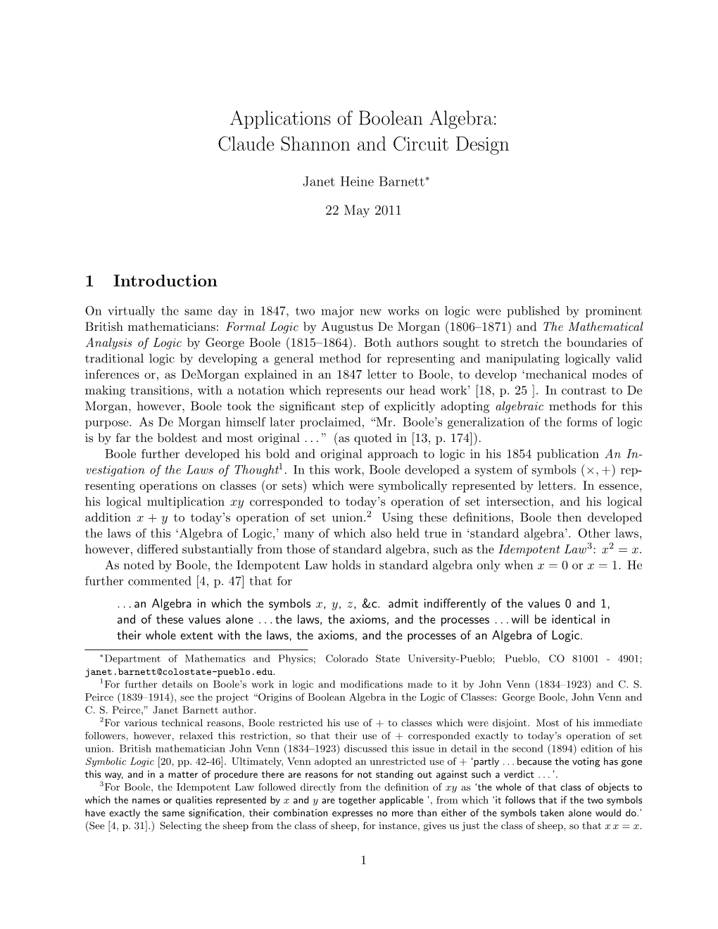 Applications of Boolean Algebra: Claude Shannon and Circuit Design