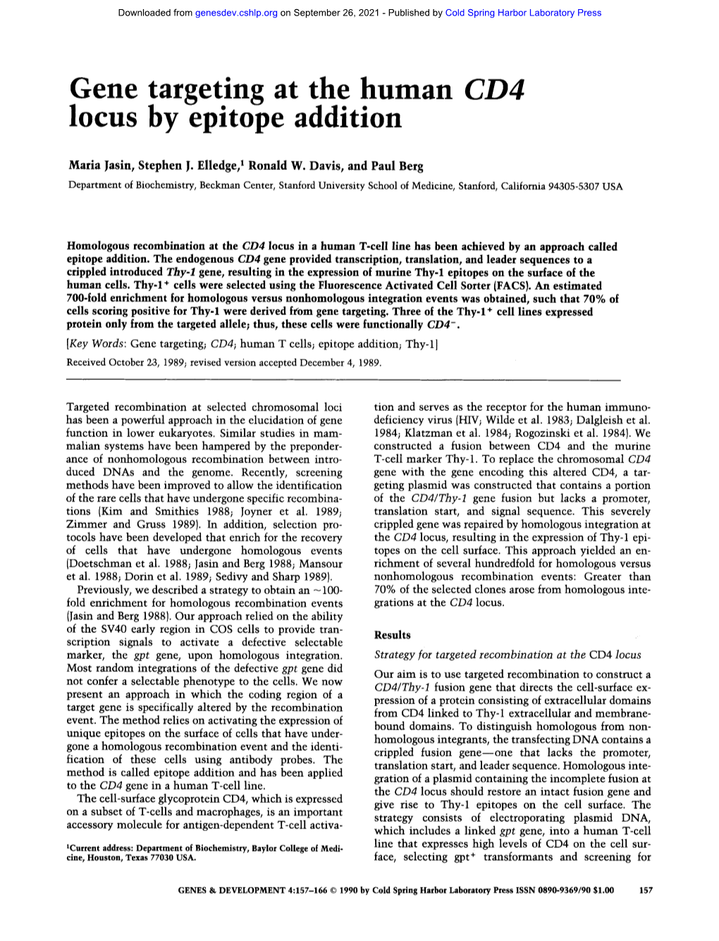 Gene Targeting at the Human CD4 Locus by Epitope Addition