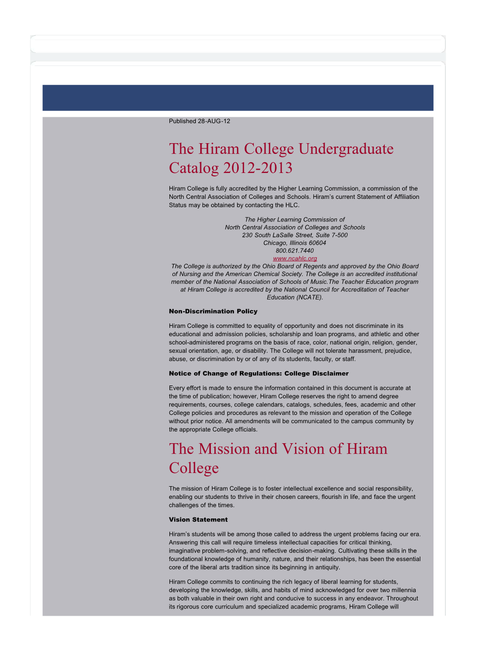 2012-2013 Hiram College Catalog