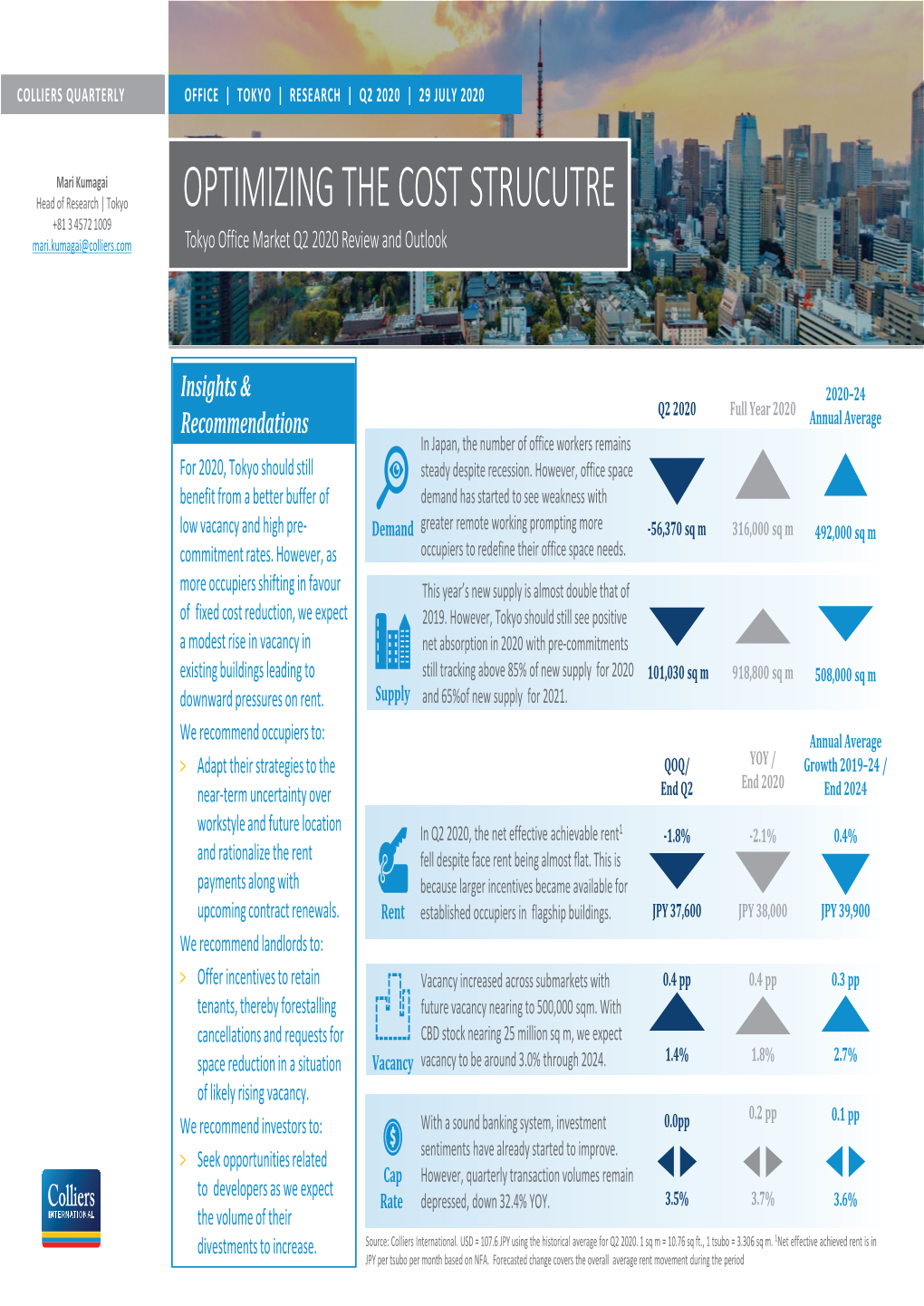 OPTIMIZING the COST STRUCUTRE +81 3 4572 1009 Mari.Kumagai@Colliers.Com Tokyo Office Market Q2 2020 Review and Outlook