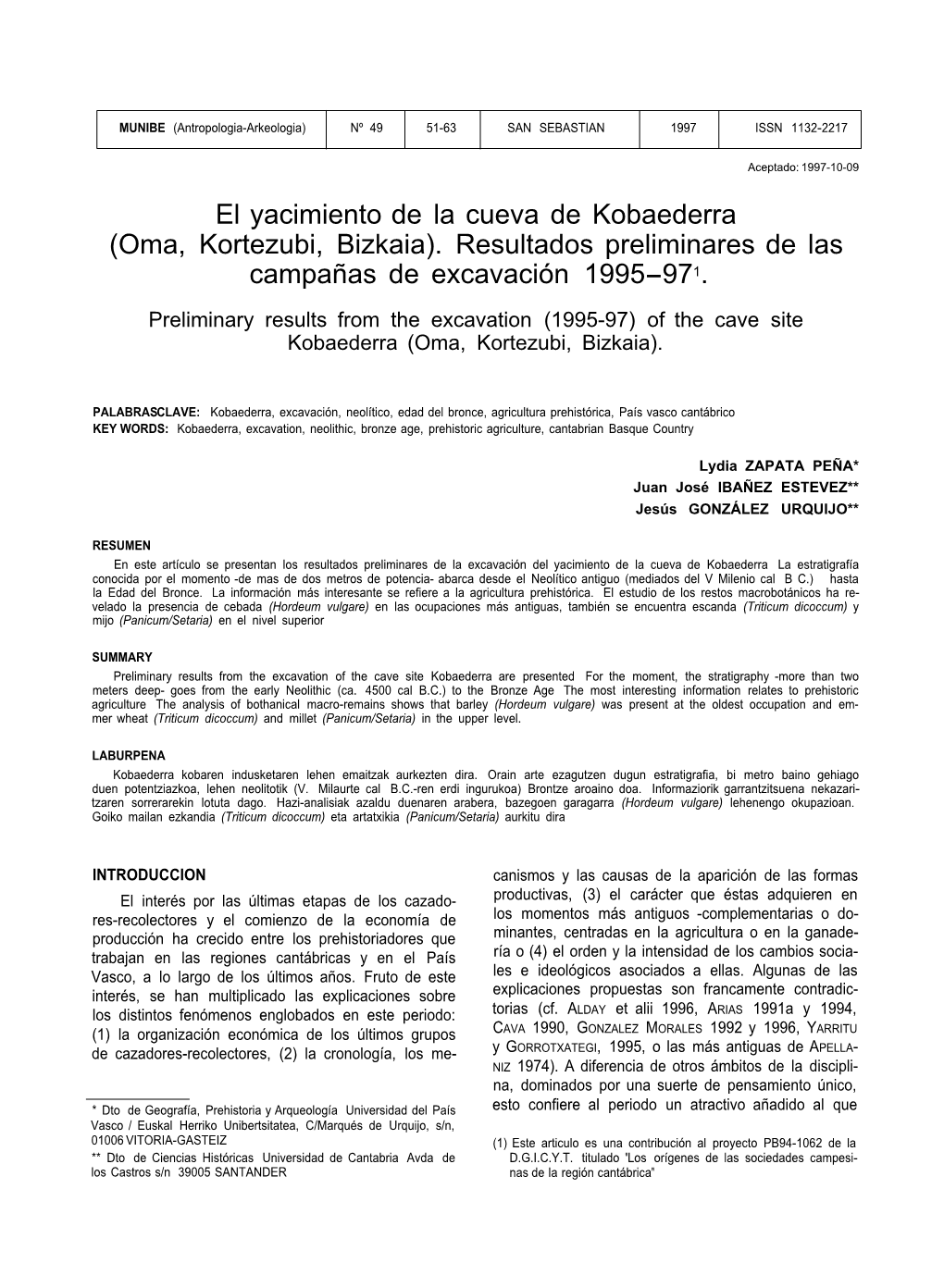 El Yacimiento De La Cueva De Kobaederra (Oma, Kortezubi, Bizkaia)