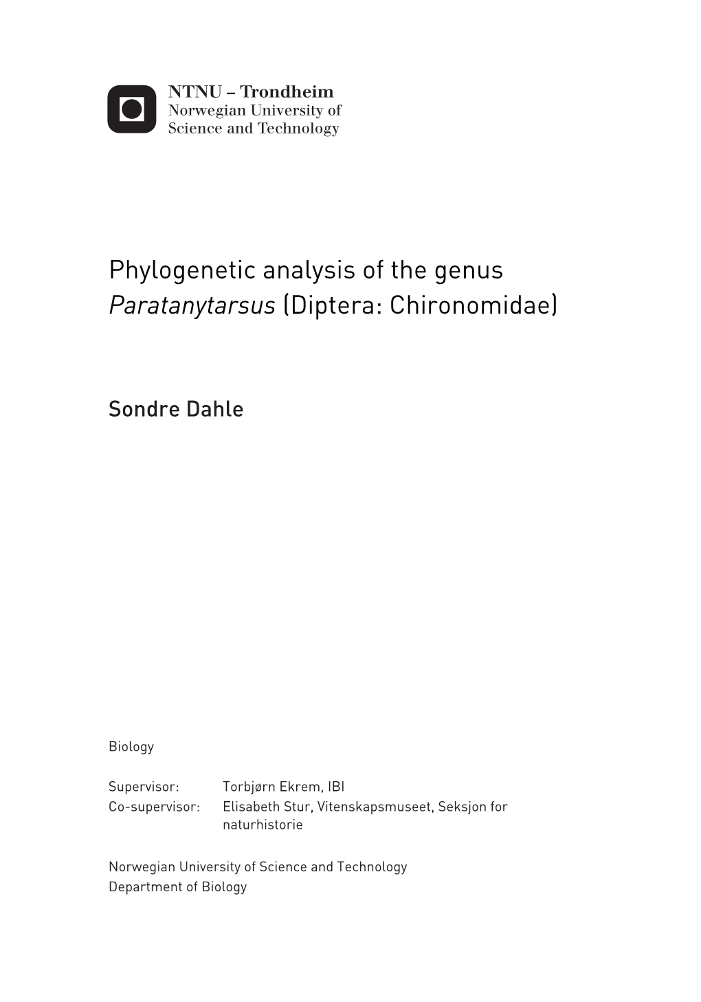 Phylogenetic Analysis of the Genus &lt;I&gt;Paratanytarsus&lt;/I&gt; (Diptera: Chironomidae)