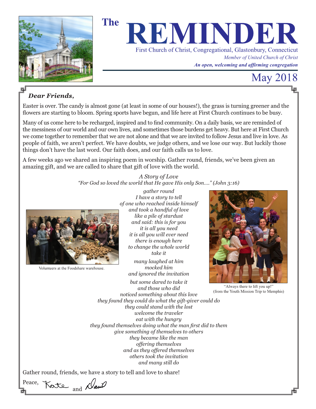 REMINDER First Church of Christ, Congregational, Glastonbury, Connecticut Member of United Church of Christ an Open, Welcoming and Affirming Congregation May 2018