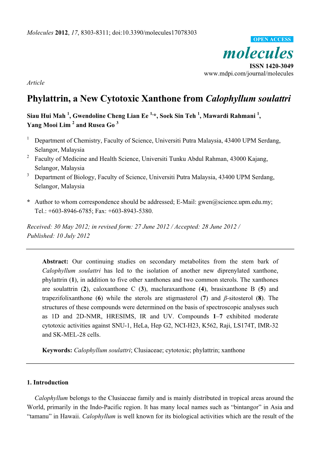 Phylattrin, a New Cytotoxic Xanthone from Calophyllum Soulattri