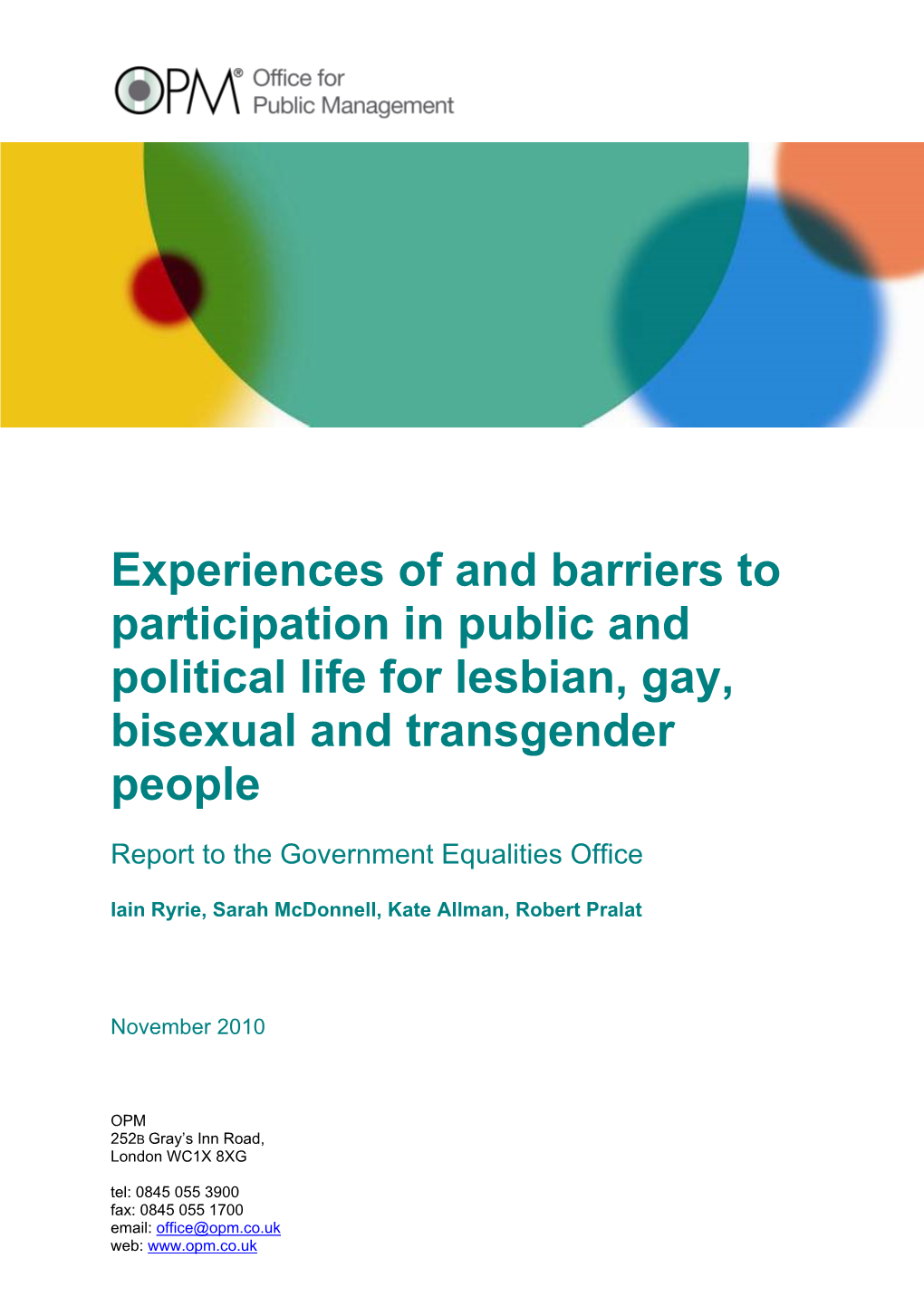 Experiences of and Barriers to Participation in Public and Political Life for Lesbian, Gay, Bisexual and Transgender People