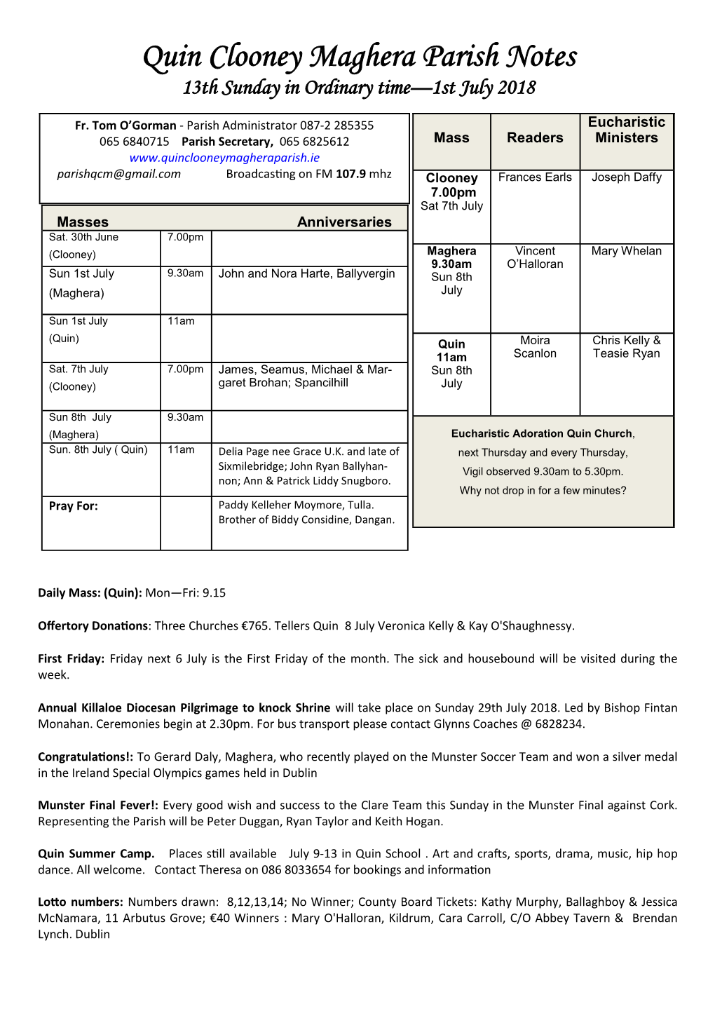 Quin Clooney Maghera Parish Notes 13Th Sunday in Ordinary Time—1St July 2018