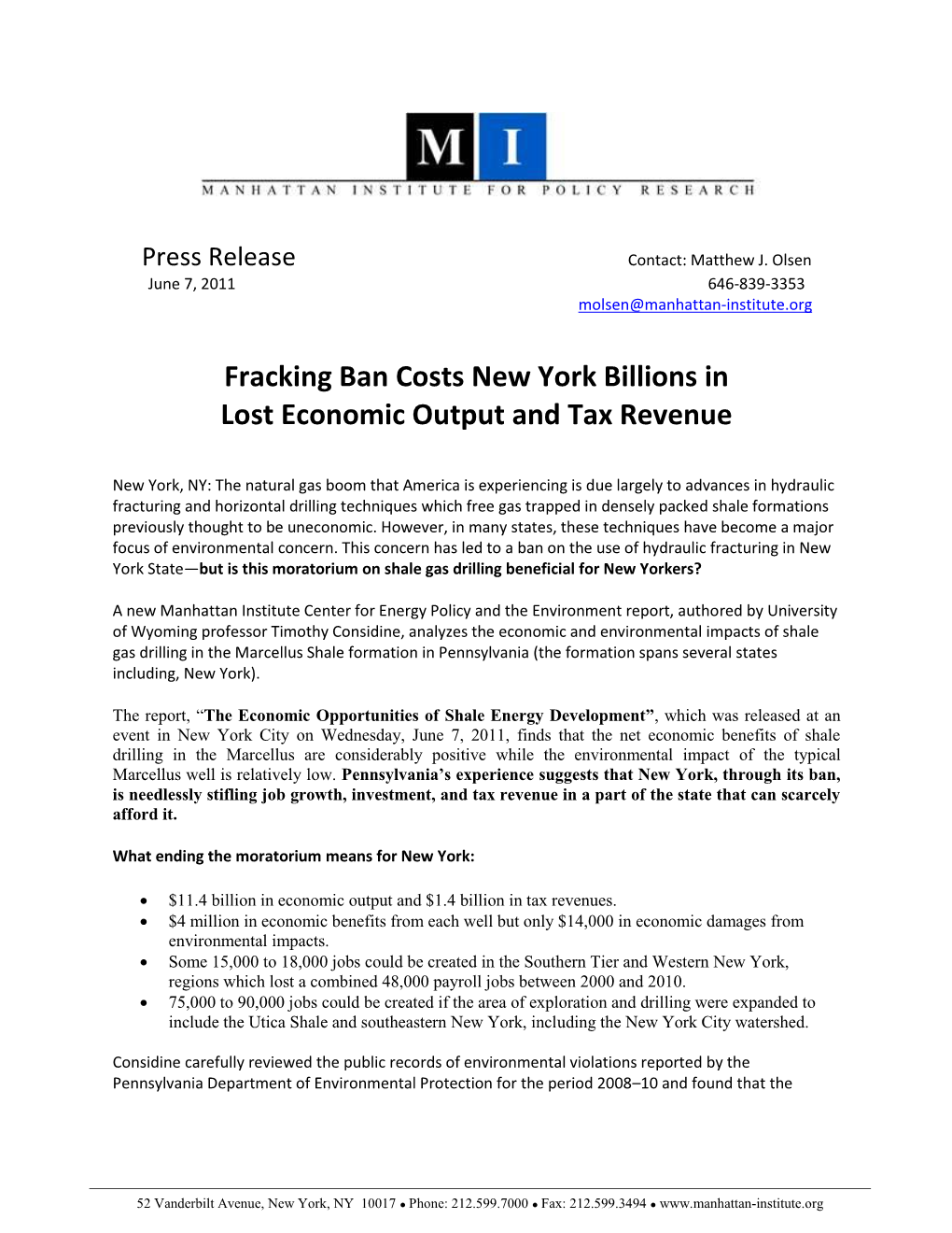 Fracking Ban Costs New York Billions in Lost Economic Output and Tax Revenue