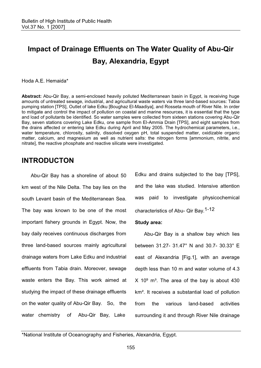 Impact of Drainage Effluents on the Water Quality of Abu-Qir Bay, Alexandria, Egypt