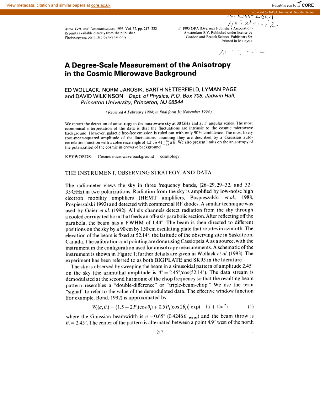 A Degree-Scale Measurement of the Anisotropy in the Cosmic Microwave Background