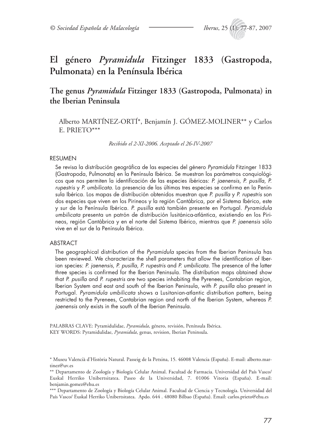 El Género Pyramidula Fitzinger 1833 (Gastropoda, Pulmonata) En La Península Ibérica