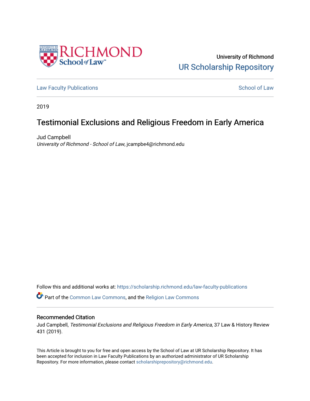 Testimonial Exclusions and Religious Freedom in Early America