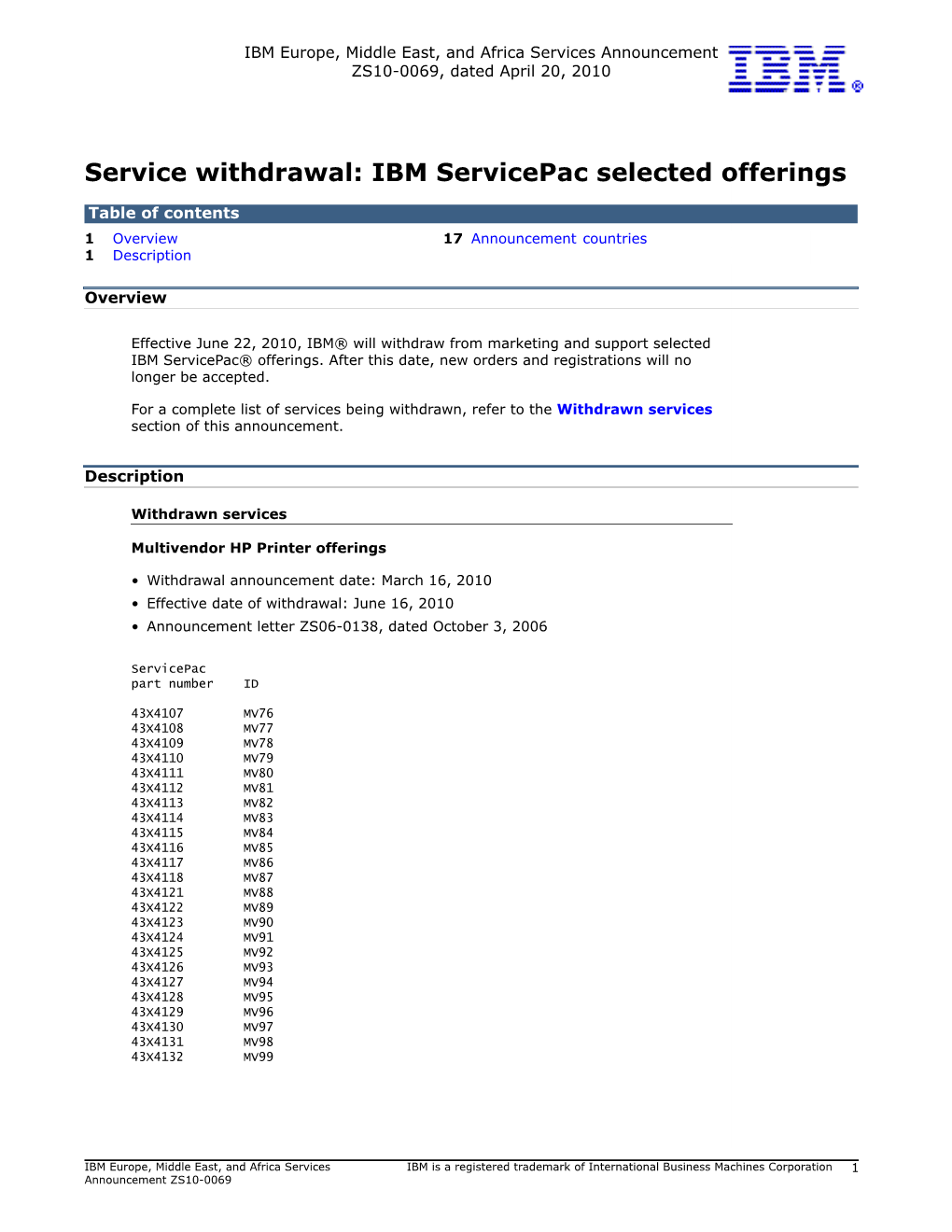 Service Withdrawal: IBM Servicepac Selected Offerings