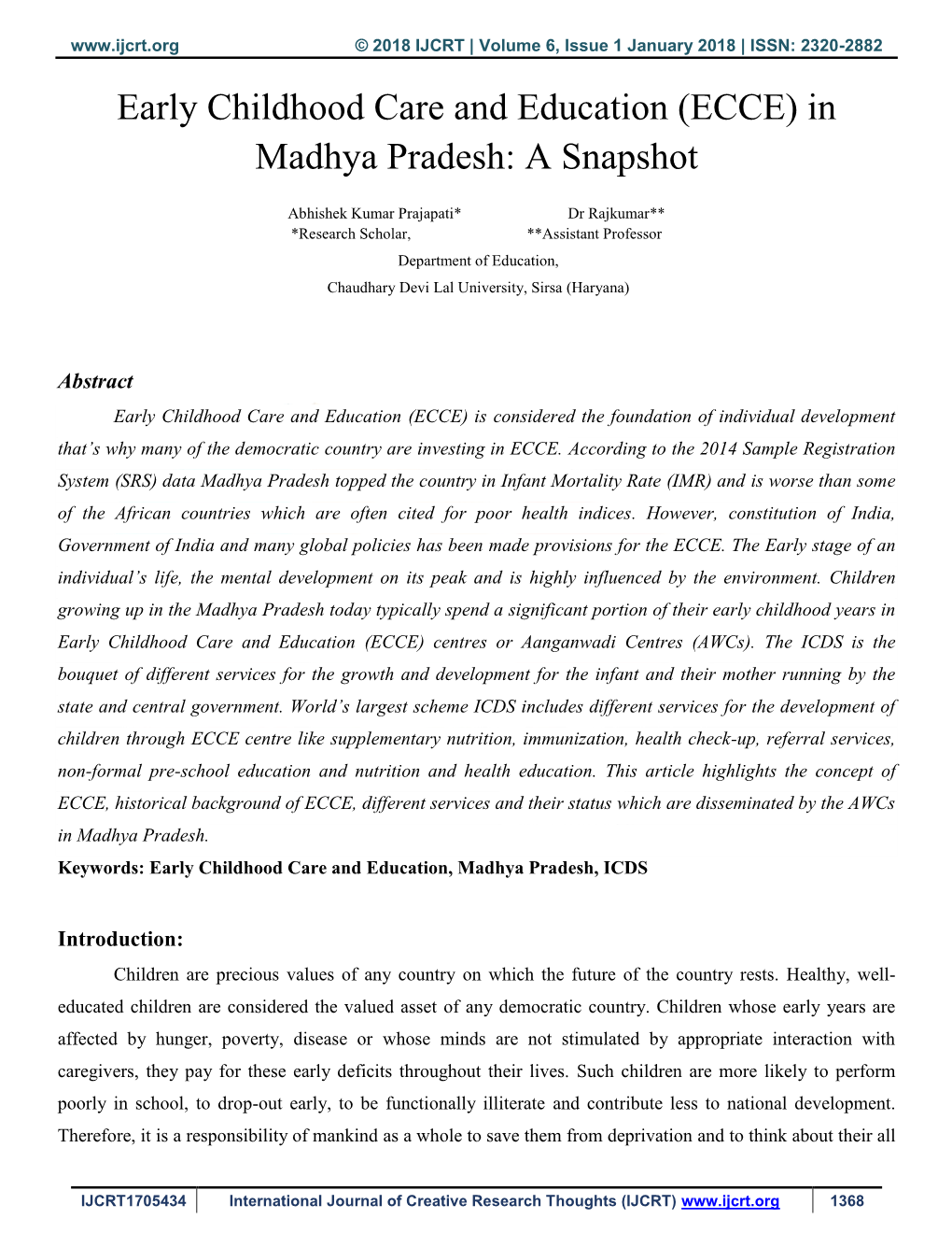 Early Childhood Care and Education (ECCE) in Madhya Pradesh: a Snapshot