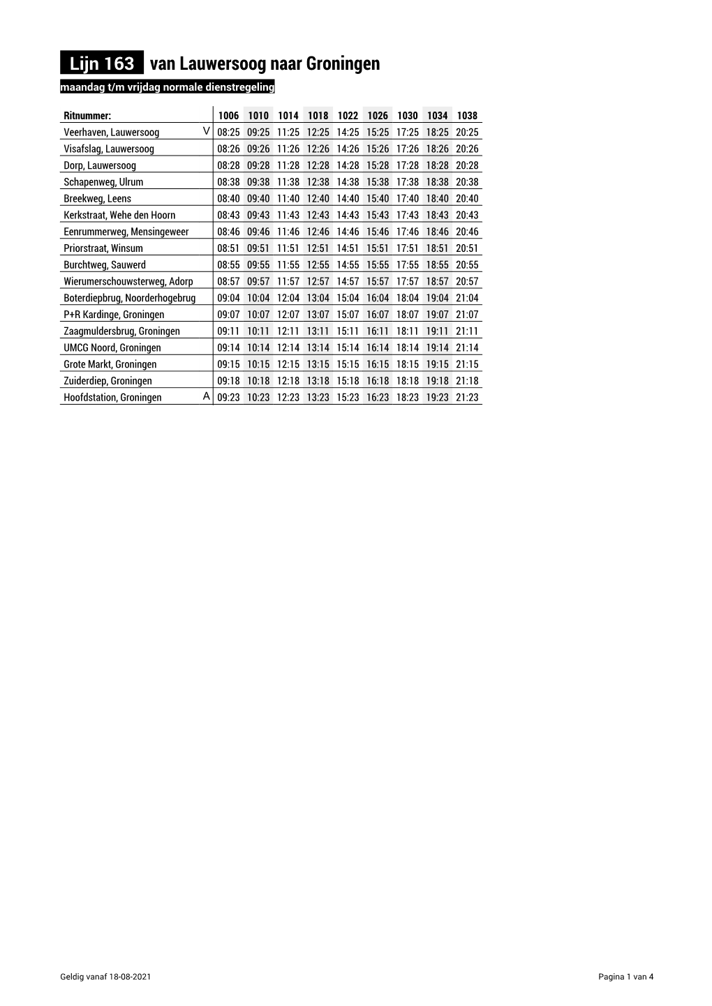 Lijn 163 Van Lauwersoog Naar Groningen Maandag T/M Vrijdag Normale Dienstregeling