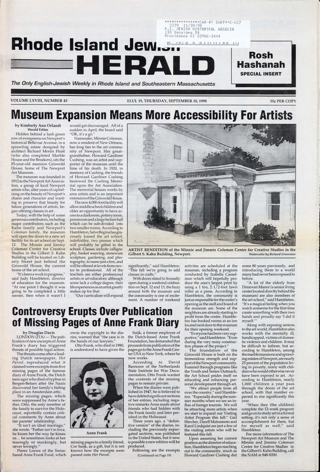 SEPTEMBER 10, 1998 35¢ PER COPY Museum Expansion Means More Accessibility for Artists by Kimberly Ann Orlandi Would Get Discouraged