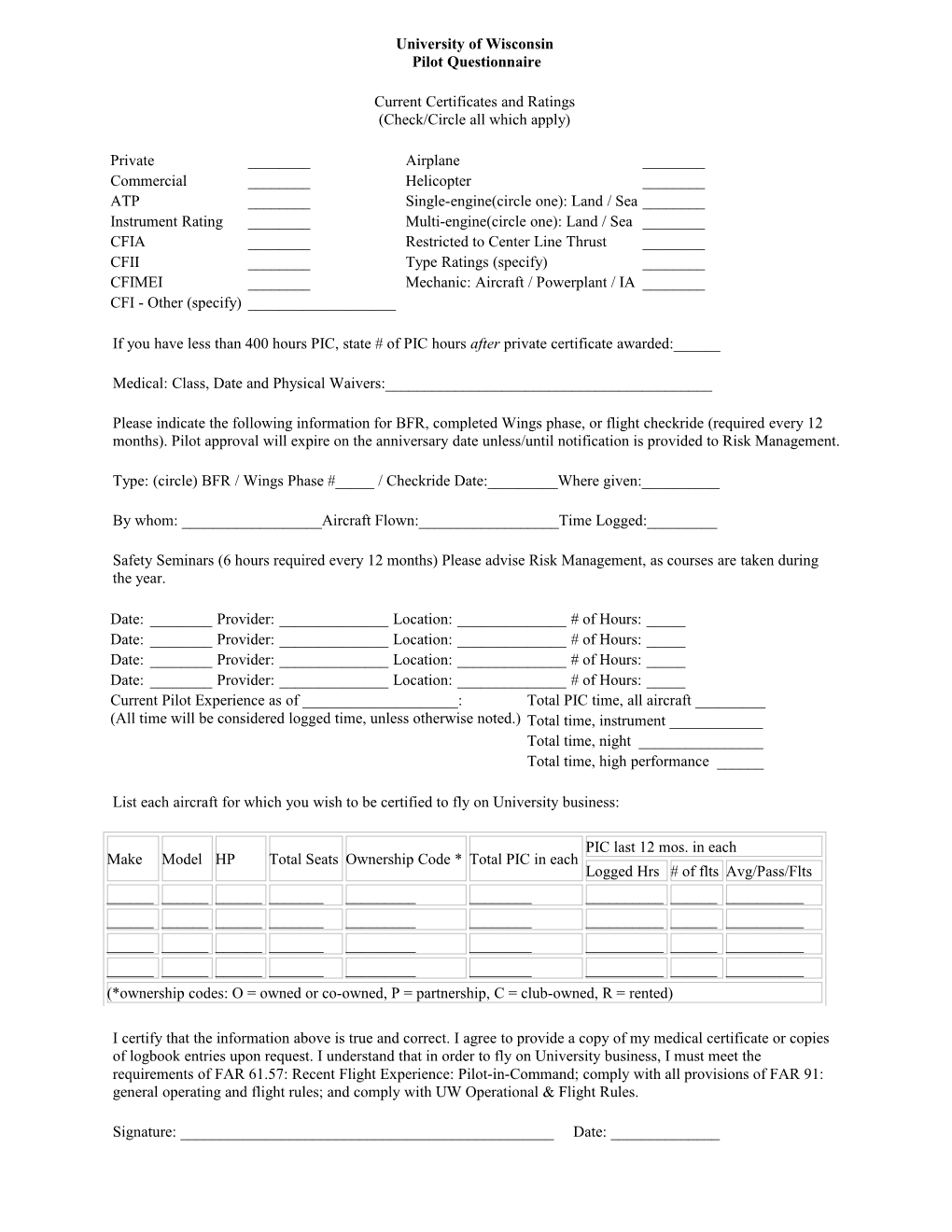 University of Wisconsin Pilot Questionnaire