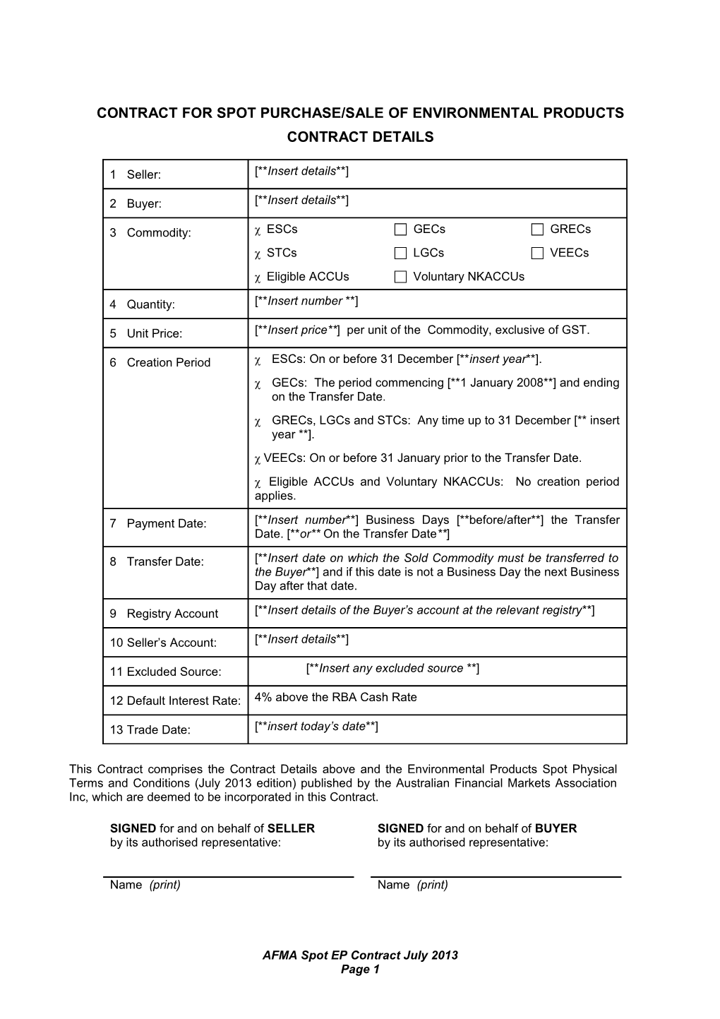 AFMA Spot Contract 30 March 2005