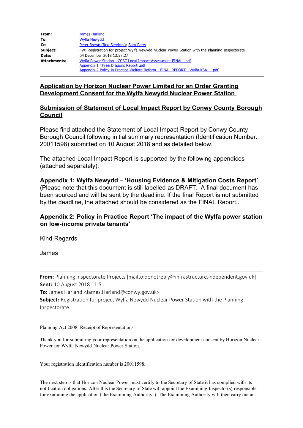 Application by Horizon Nuclear Power Limited for an Order Granting Development Consent for the Wylfa Newydd Nuclear Power Station