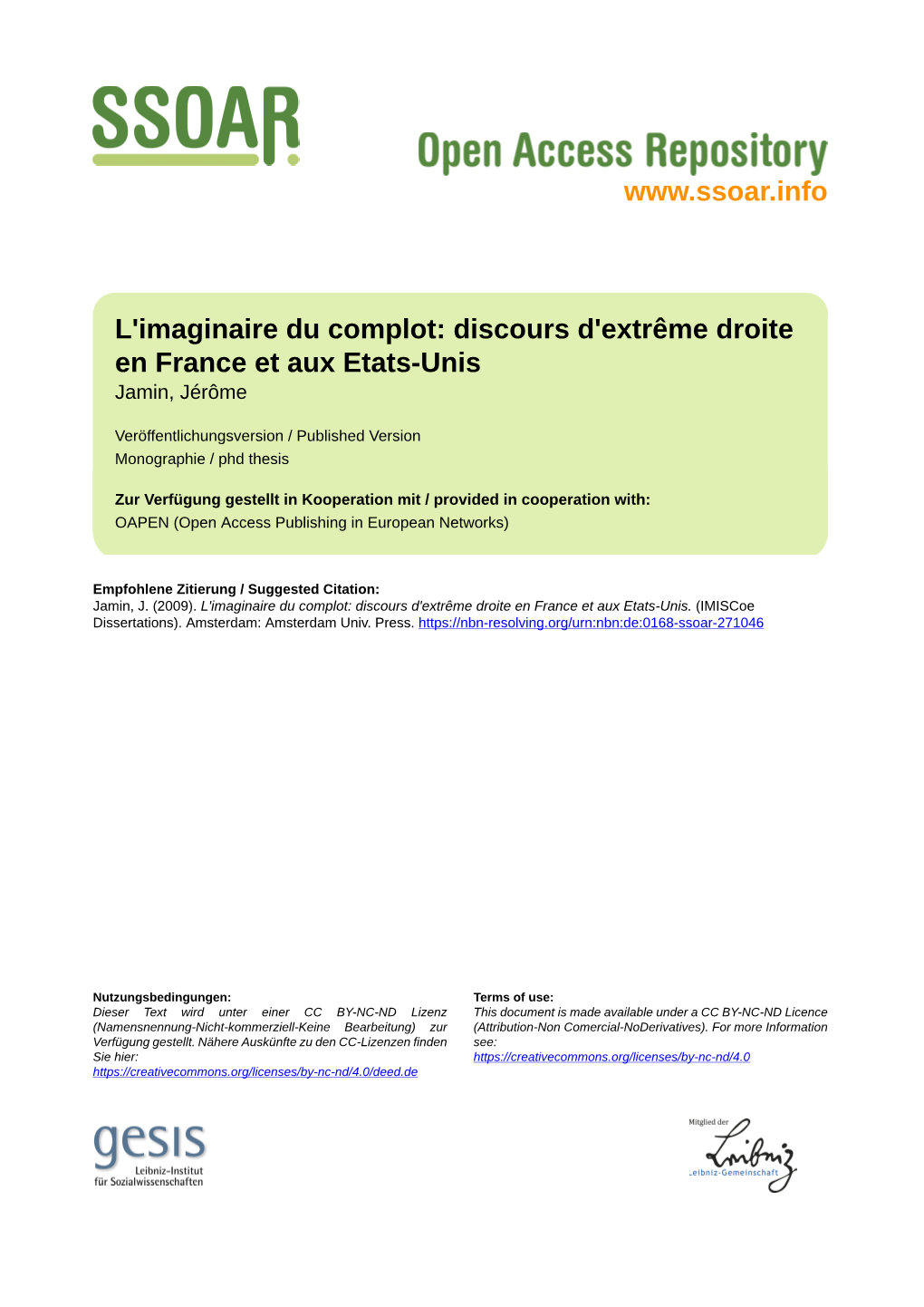 L'imaginaire Du Complot: Discours D'extrême Droite En France Et Aux Etats-Unis Jamin, Jérôme