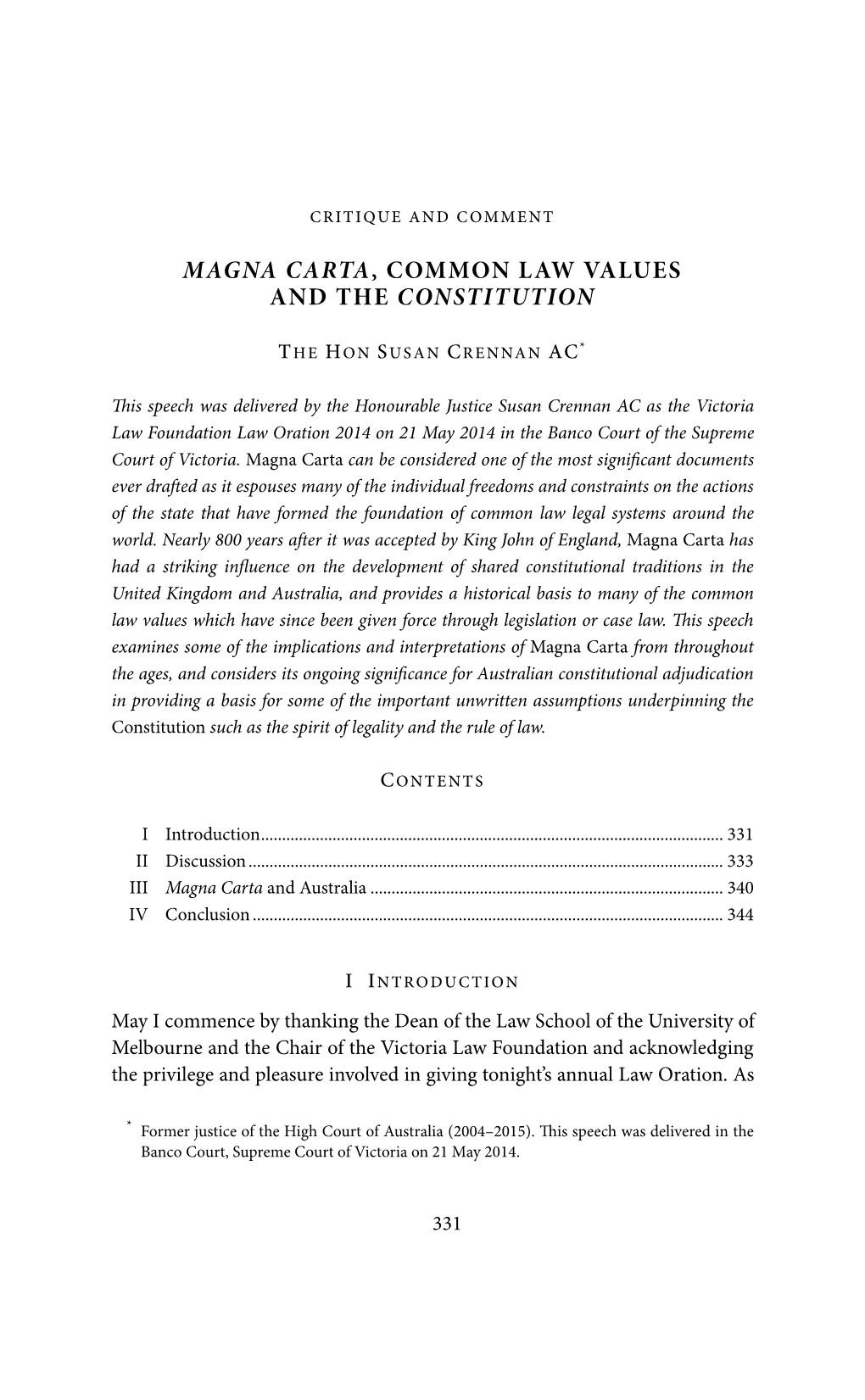 Magna Carta, Common Law Values and the Constitution