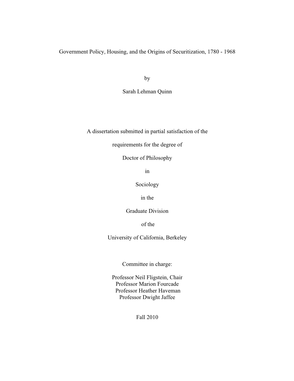 Government Policy, Housing, and the Origins of Securitization, 1780 - 1968