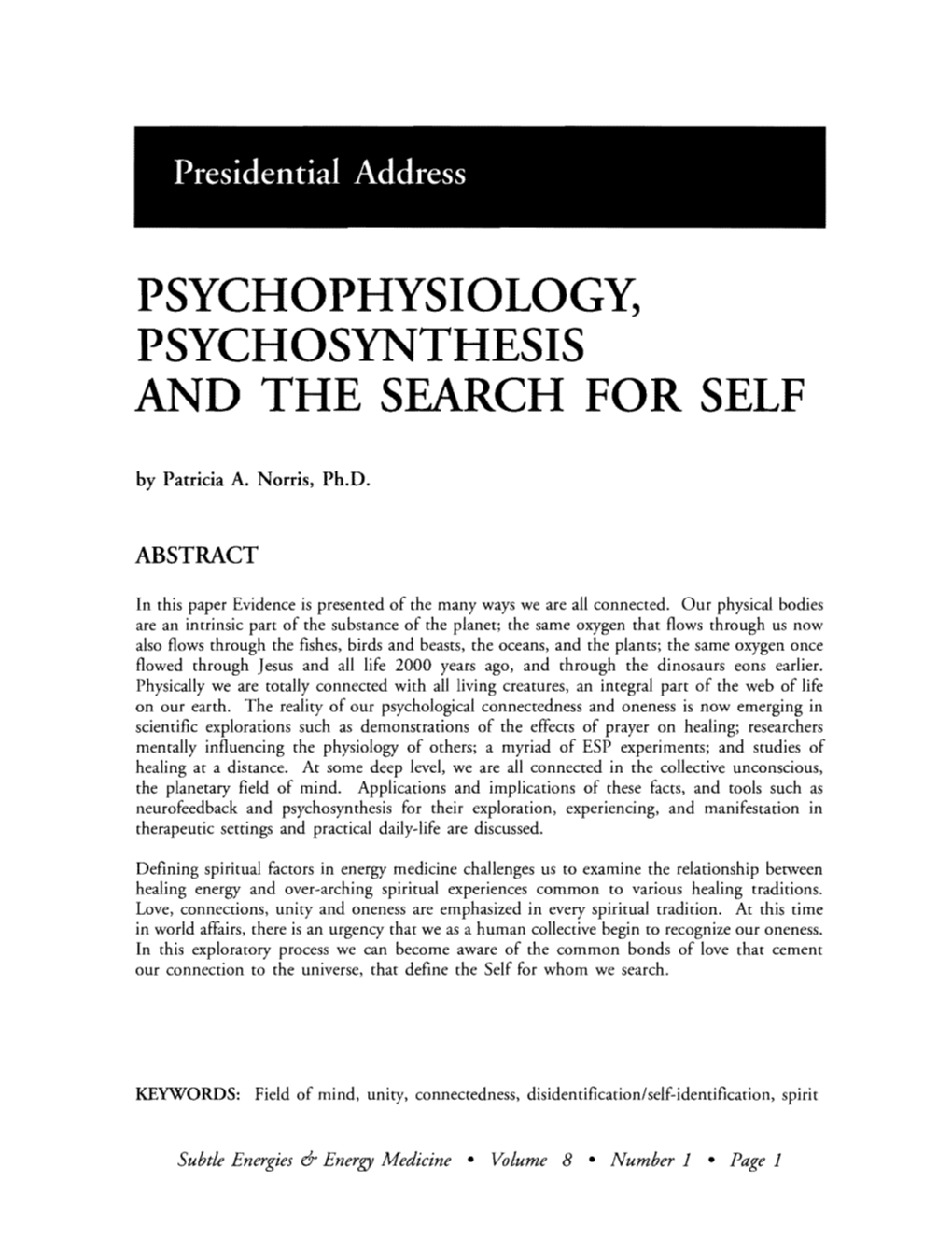 PSYCHOSYNTHESIS and the SEARCH for SELF by Patricia A