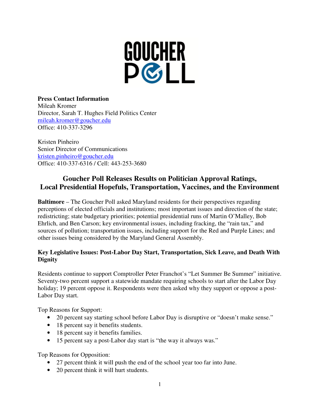 Goucher Poll Releases Results on Politician Approval Ratings, Local Presidential Hopefuls, Transportation, Vaccines, and the Environment