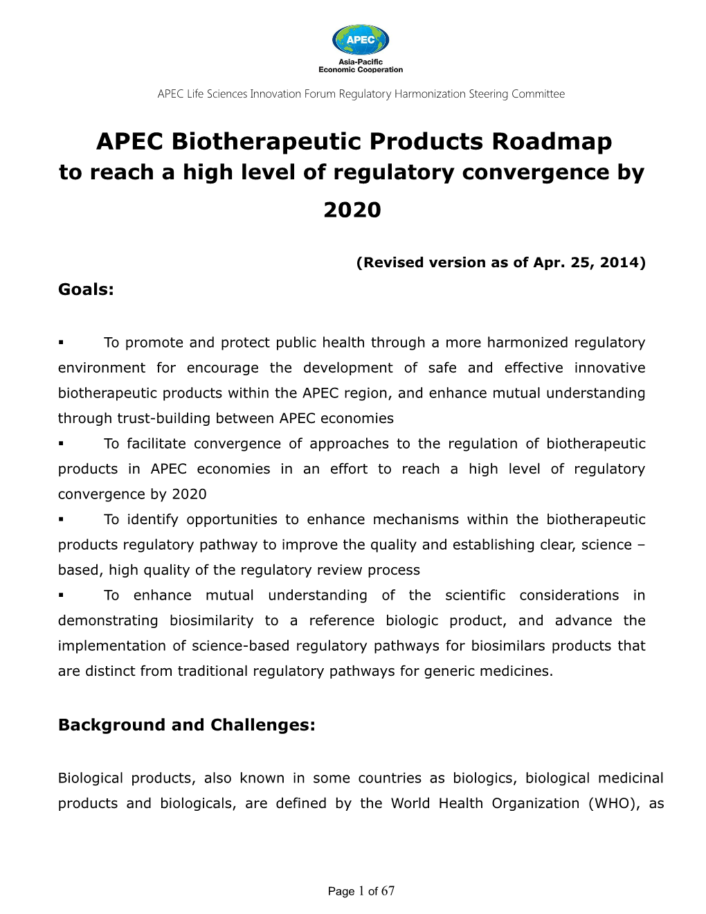 APEC Biotherapeutic Products Roadmap