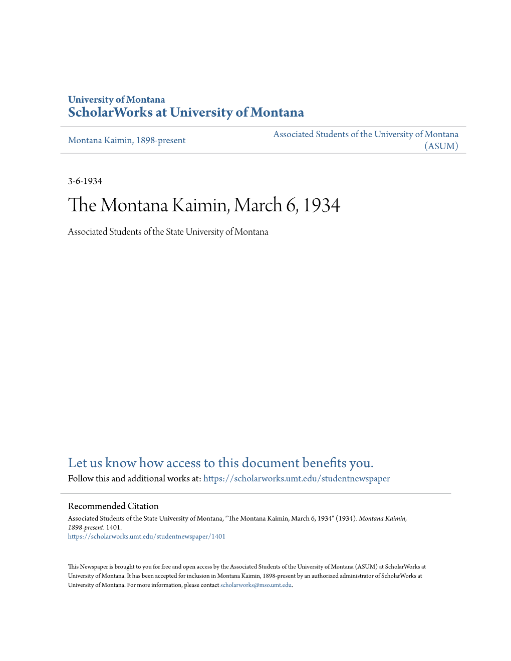 The Montana Kaimin, March 6, 1934