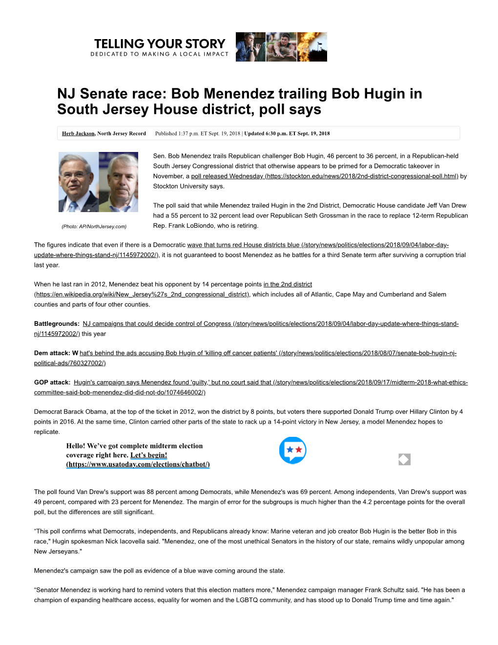 NJ Senate Race: Bob Menendez Trailing Bob Hugin in South Jersey House District, Poll Says